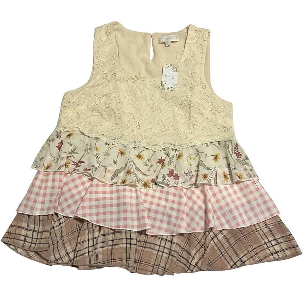 Womens Weekend Suzanne Betro Sleeveless Lace Layered Tunic Top Mixed Prints M